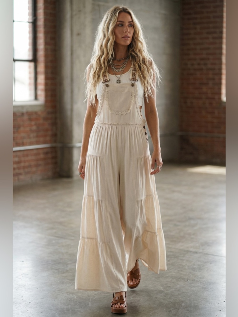 NWT Eesome Ruffle Tiered Boho Strap Festival Overalls Jumper Jumpsuit Ivory - Picture 3 of 5